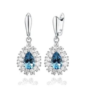 Blooming Flower Natural Sky Blue Topaz Pear 8*12 7ct Gemstone  925 sterling Silver Hook Earring
