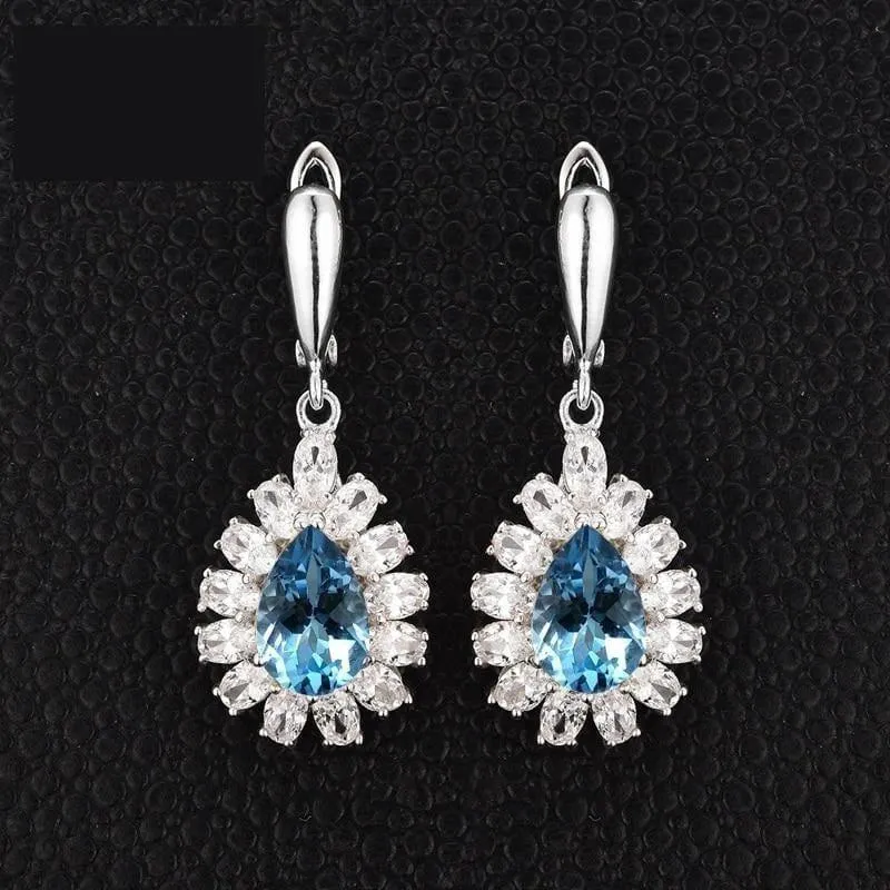 Blooming Flower Natural Sky Blue Topaz Pear 8*12 7ct Gemstone  925 sterling Silver Hook Earring