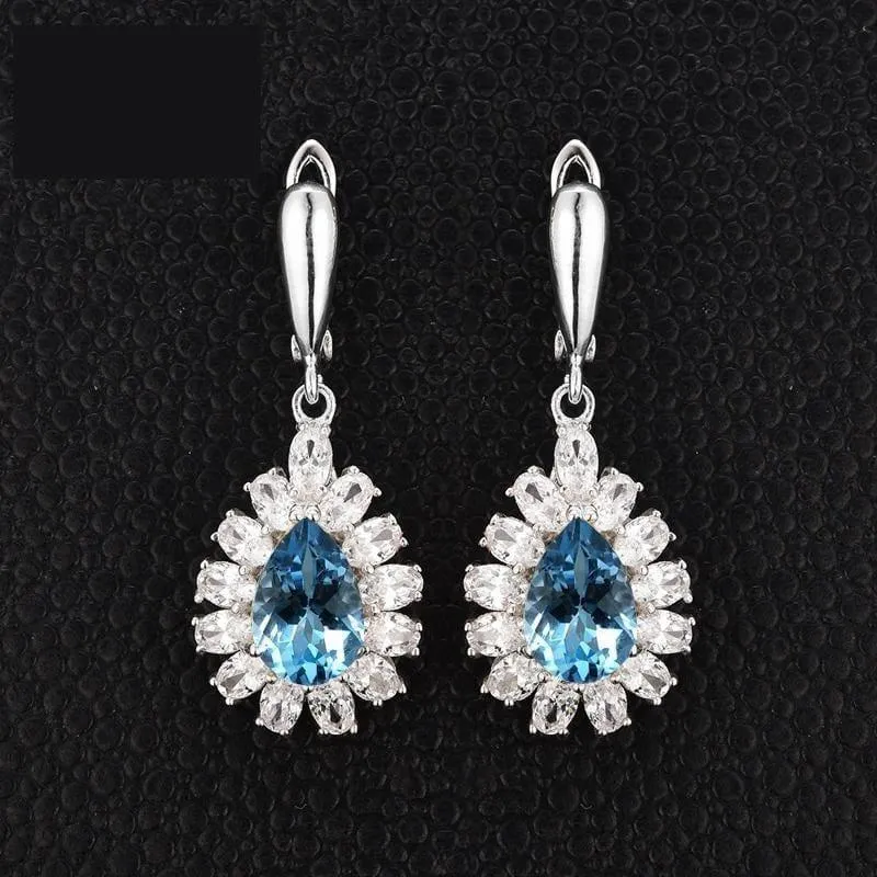 Blooming Flower Natural Sky Blue Topaz Pear 8*12 7ct Gemstone  925 sterling Silver Hook Earring