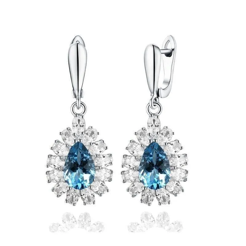 Blooming Flower Natural Sky Blue Topaz Pear 8*12 7ct Gemstone  925 sterling Silver Hook Earring