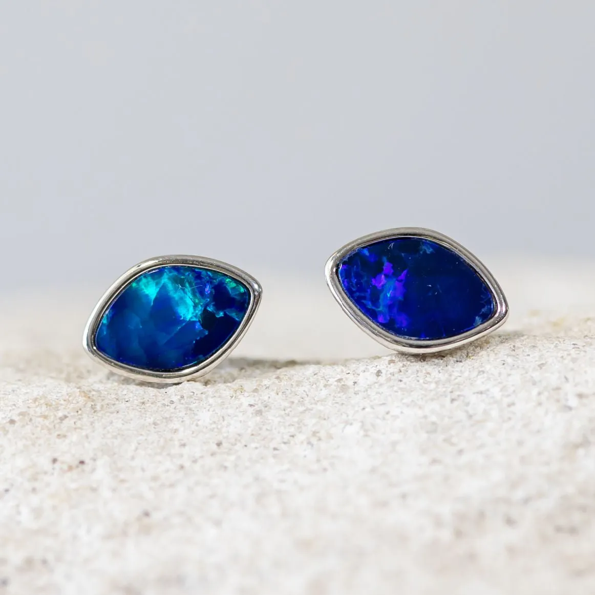 'Blue Belle' Silver Doublet Opal Earrings