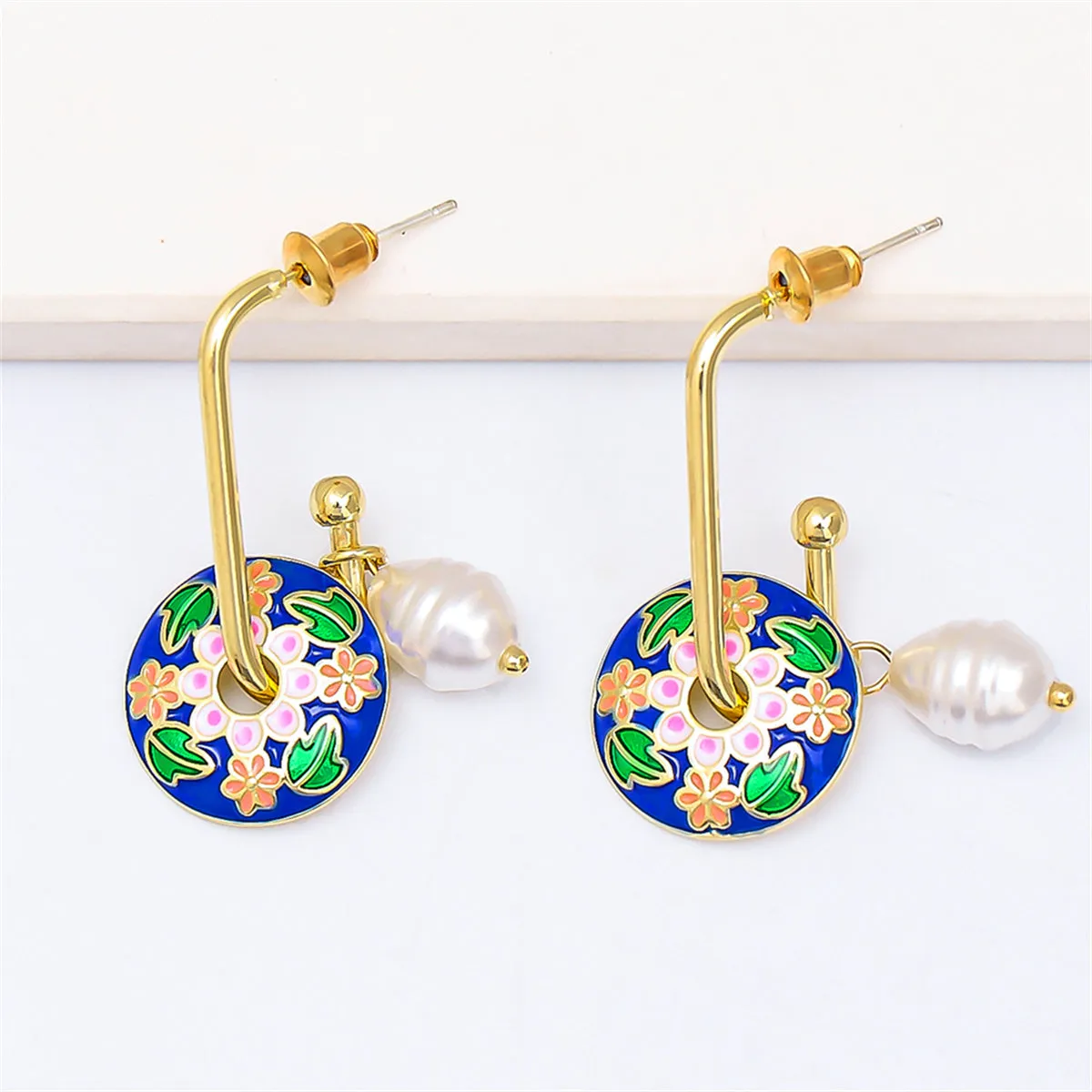 Blue Enamel & Pearl 18K Gold-Plated Botany Drop Earrings