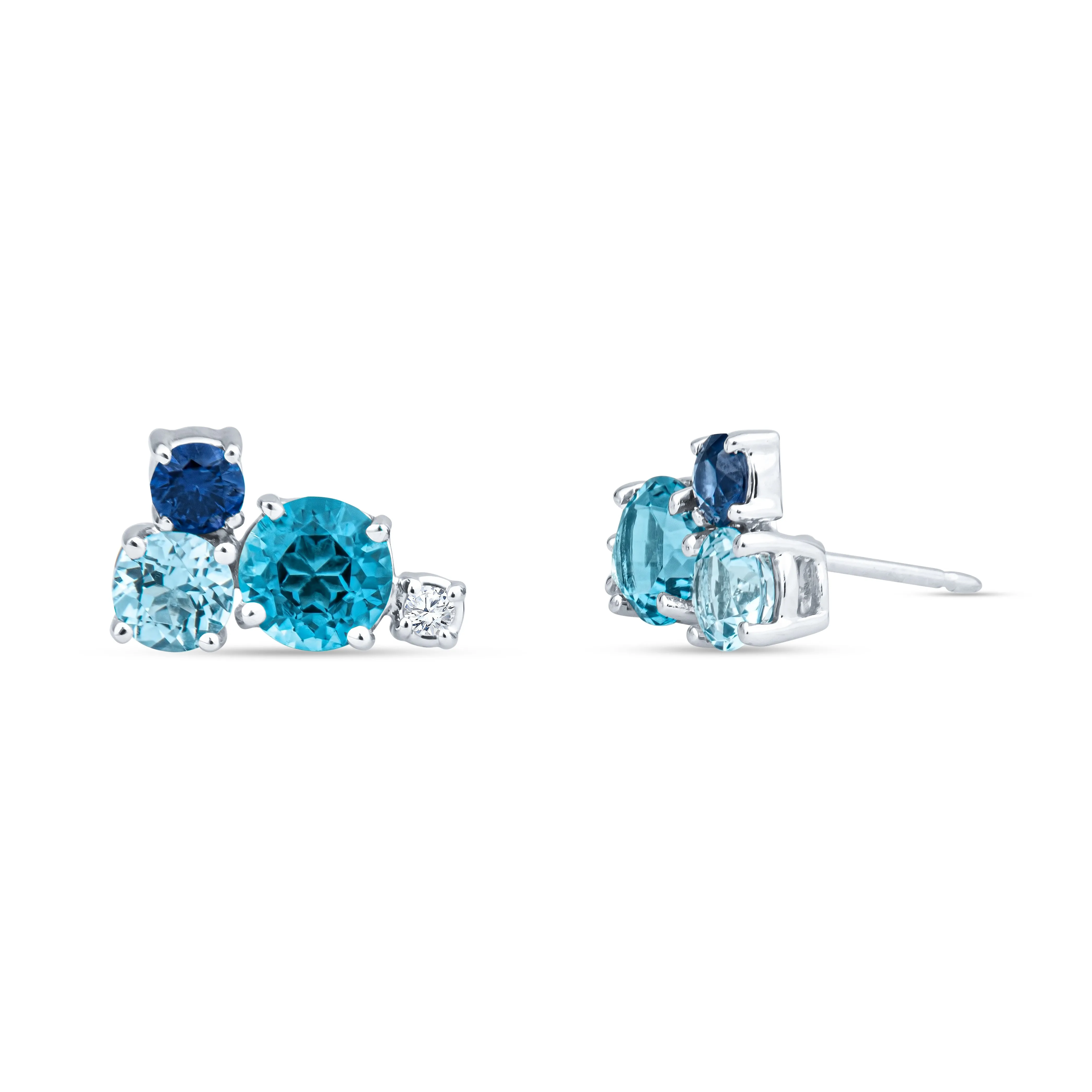 Blue Gemstone Cluster Earrings with Diamonds, Blue Topaz, and Sapphire