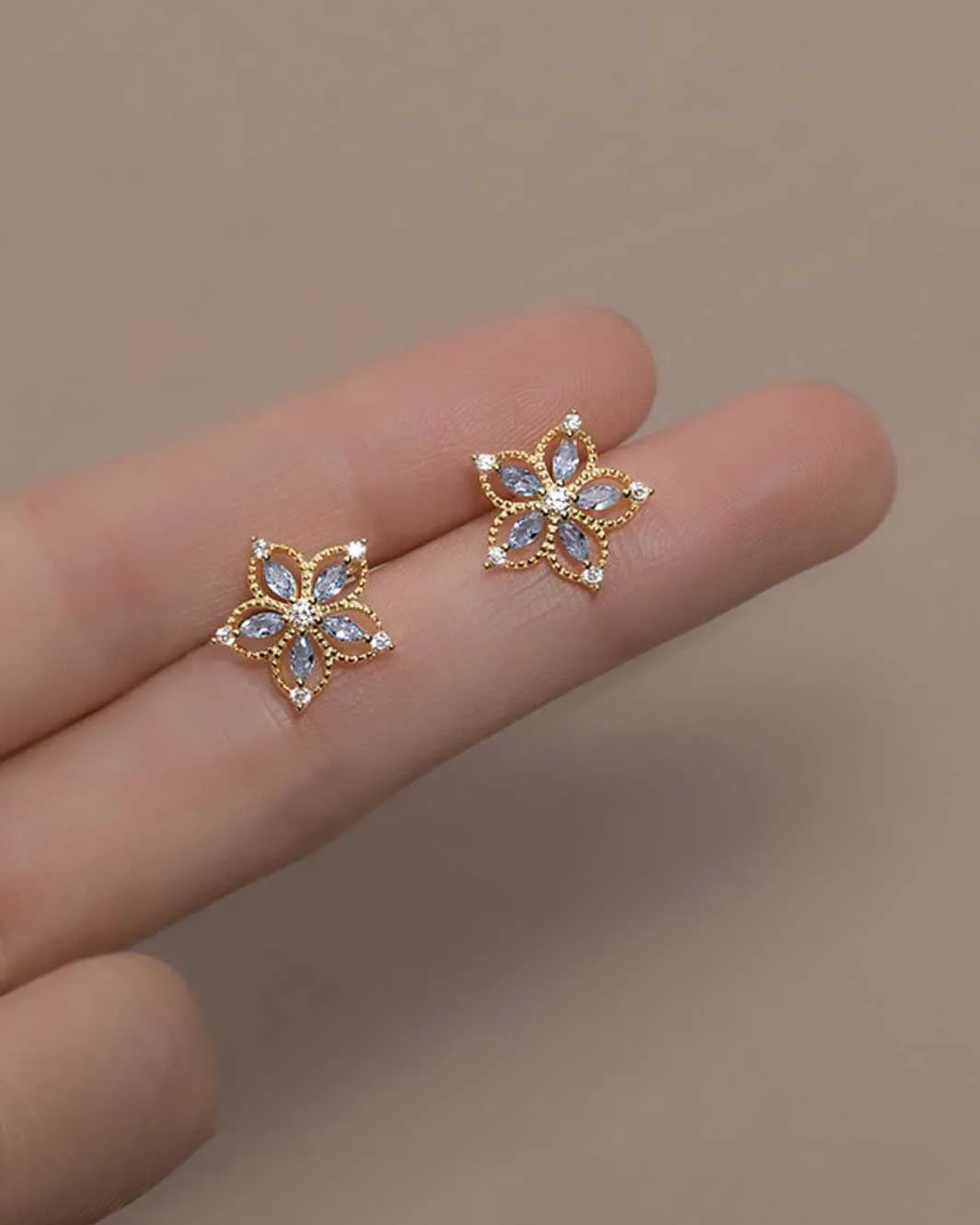 Blue Gemstone Flower Stud Earrings