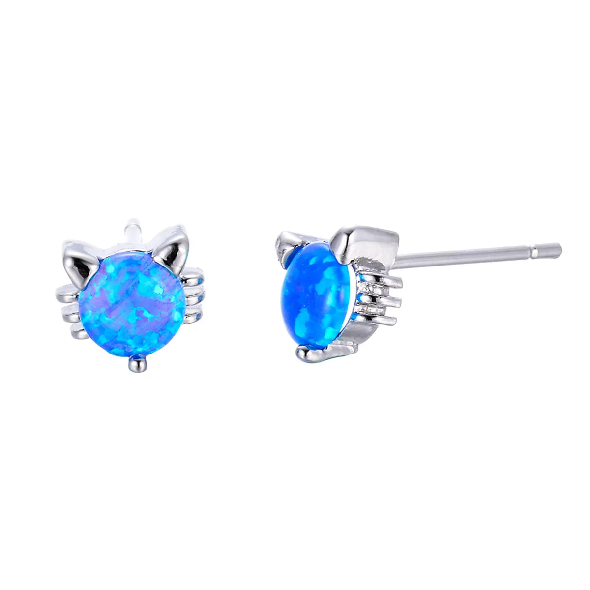 Blue Opal & Silver-Plated Kitty Stud Earrings