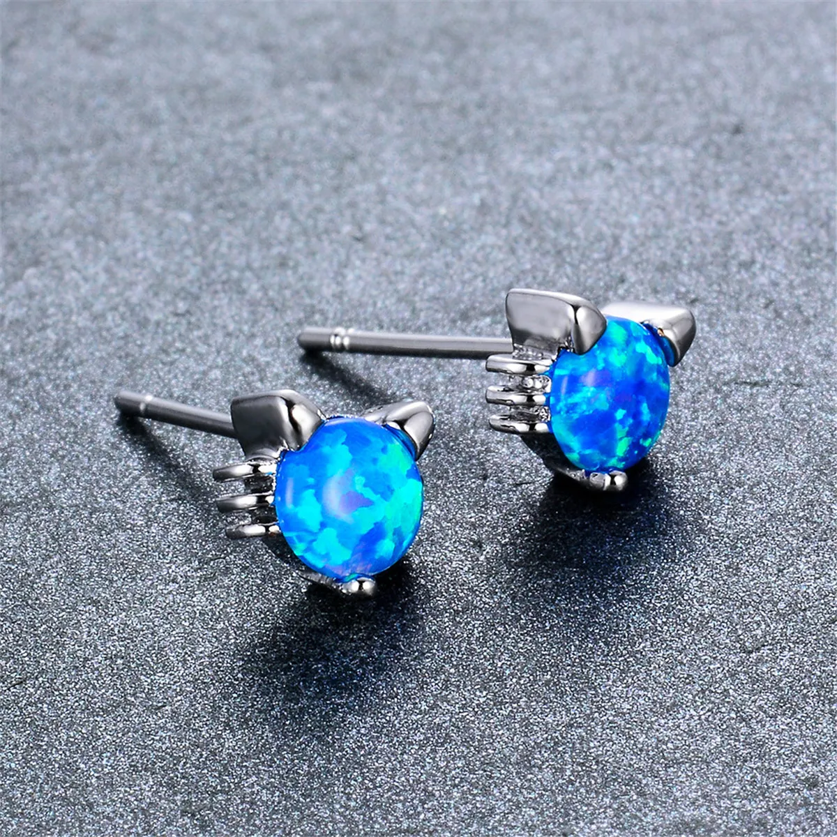 Blue Opal & Silver-Plated Kitty Stud Earrings