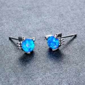 Blue Opal & Silver-Plated Kitty Stud Earrings