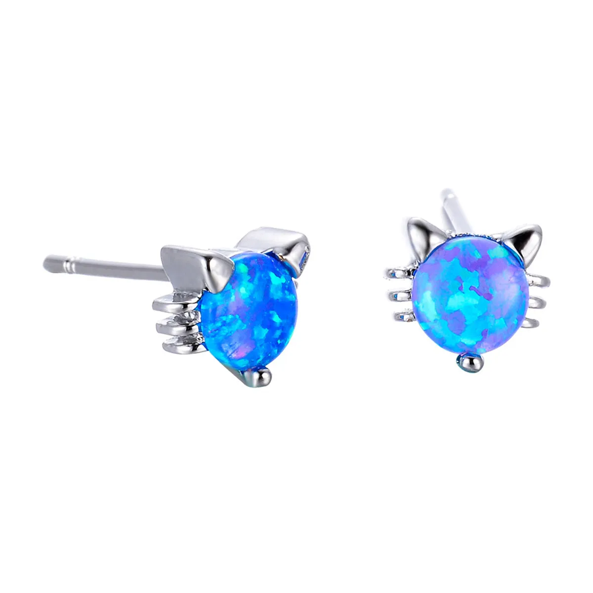 Blue Opal & Silver-Plated Kitty Stud Earrings