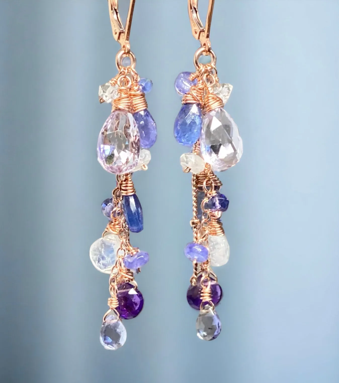 Blue Purple Gemstone Rose Gold Dangle Earrings with Tanzanite