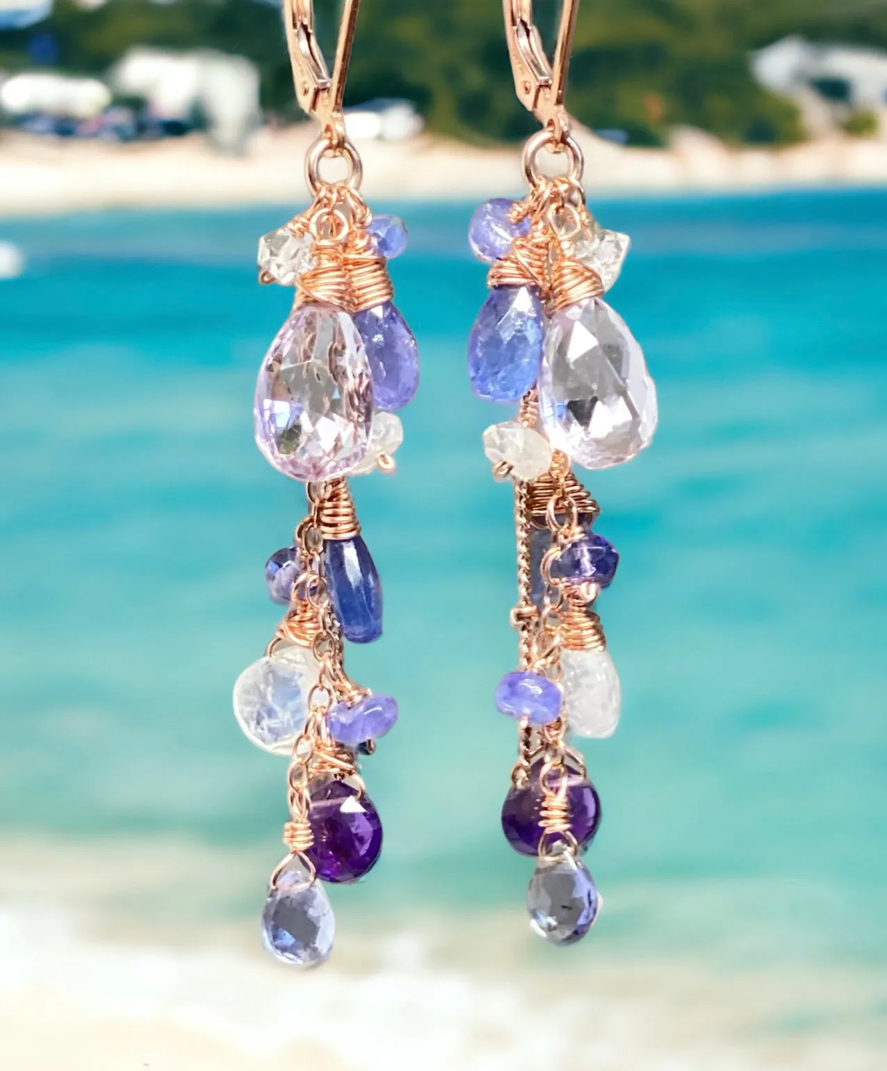 Blue Purple Gemstone Rose Gold Dangle Earrings with Tanzanite