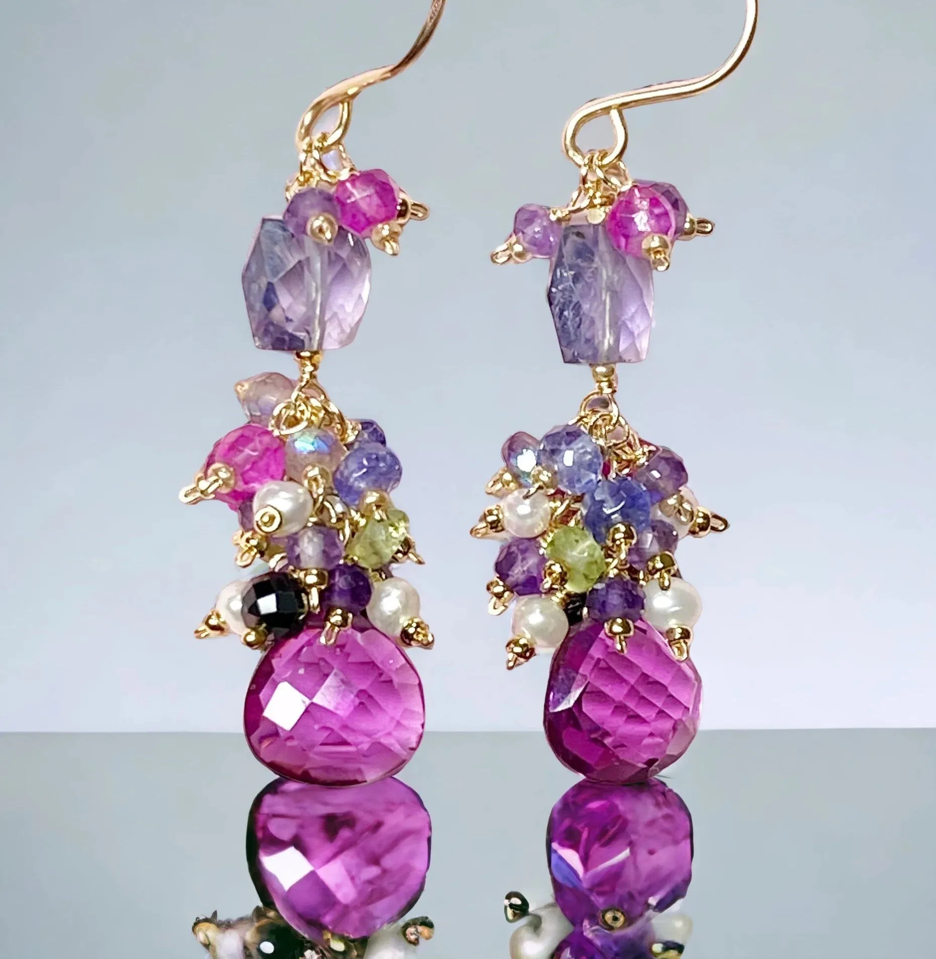 Blue Purple Violet Gem Dangle Earrings, Iolite, Amethyst Gold Fill