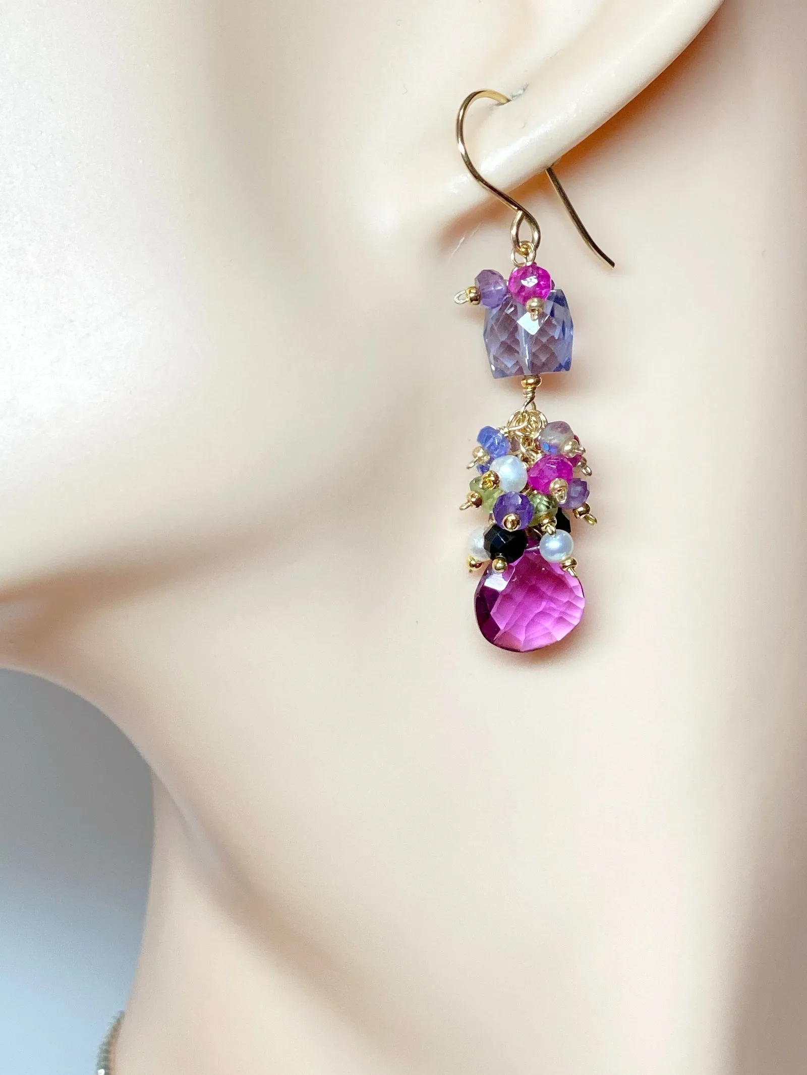 Blue Purple Violet Gem Dangle Earrings, Iolite, Amethyst Gold Fill