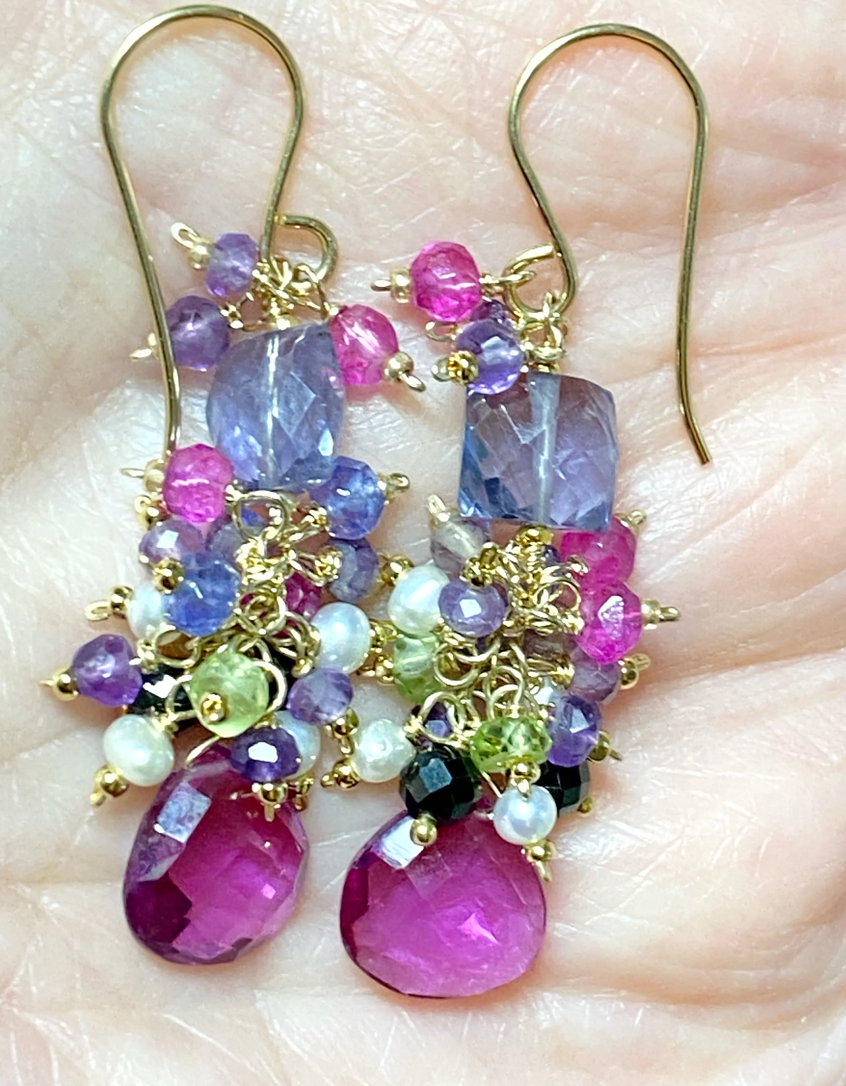 Blue Purple Violet Gem Dangle Earrings, Iolite, Amethyst Gold Fill