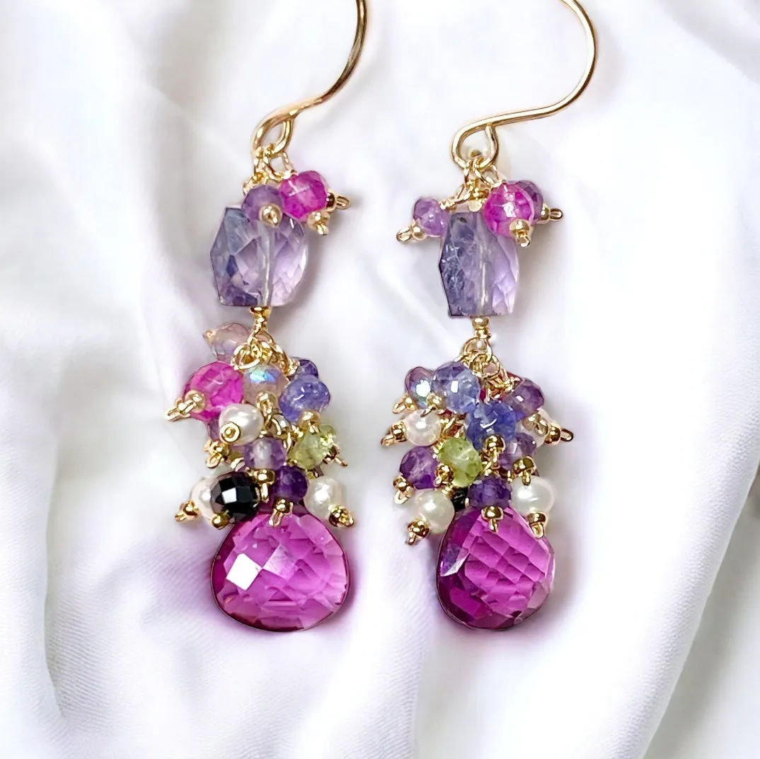Blue Purple Violet Gem Dangle Earrings, Iolite, Amethyst Gold Fill
