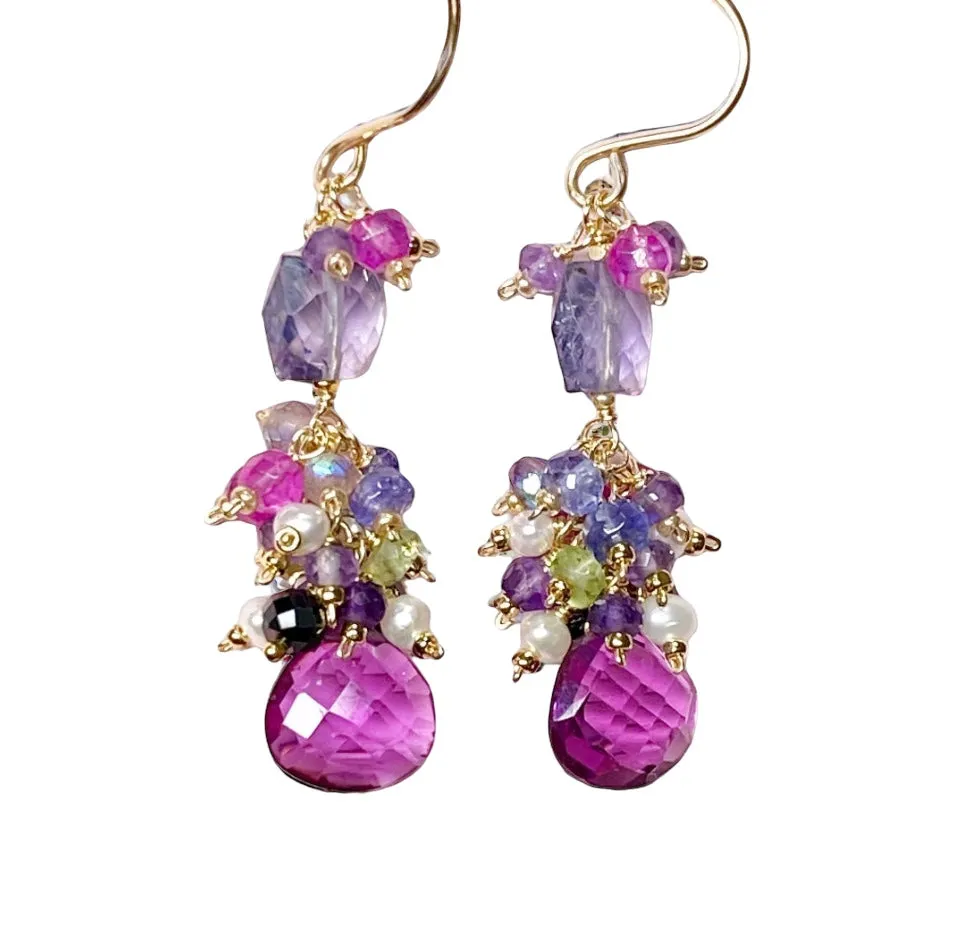 Blue Purple Violet Gem Dangle Earrings, Iolite, Amethyst Gold Fill