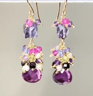 Blue Purple Violet Gem Dangle Earrings, Iolite, Amethyst Gold Fill