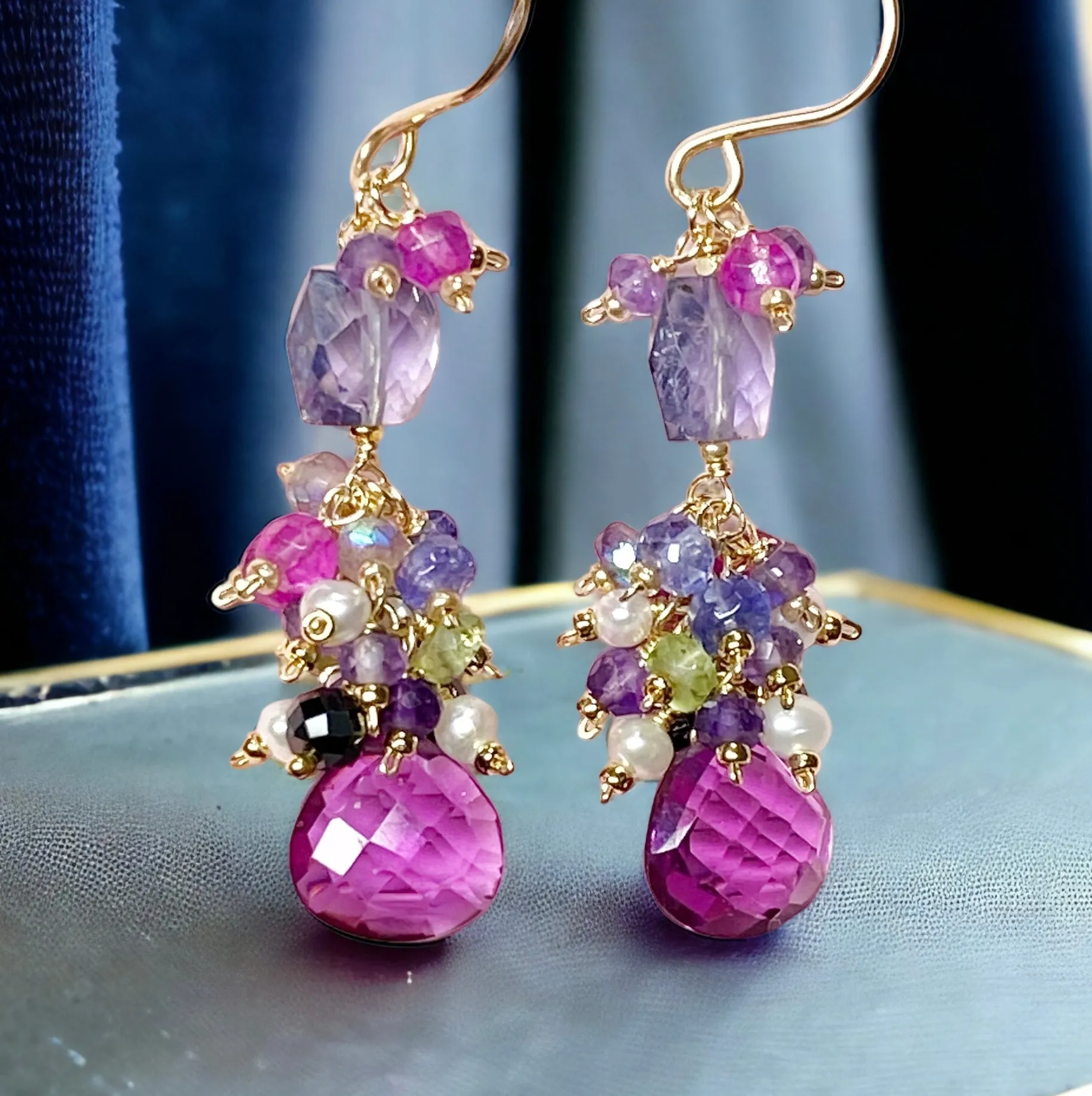 Blue Purple Violet Gem Dangle Earrings, Iolite, Amethyst Gold Fill