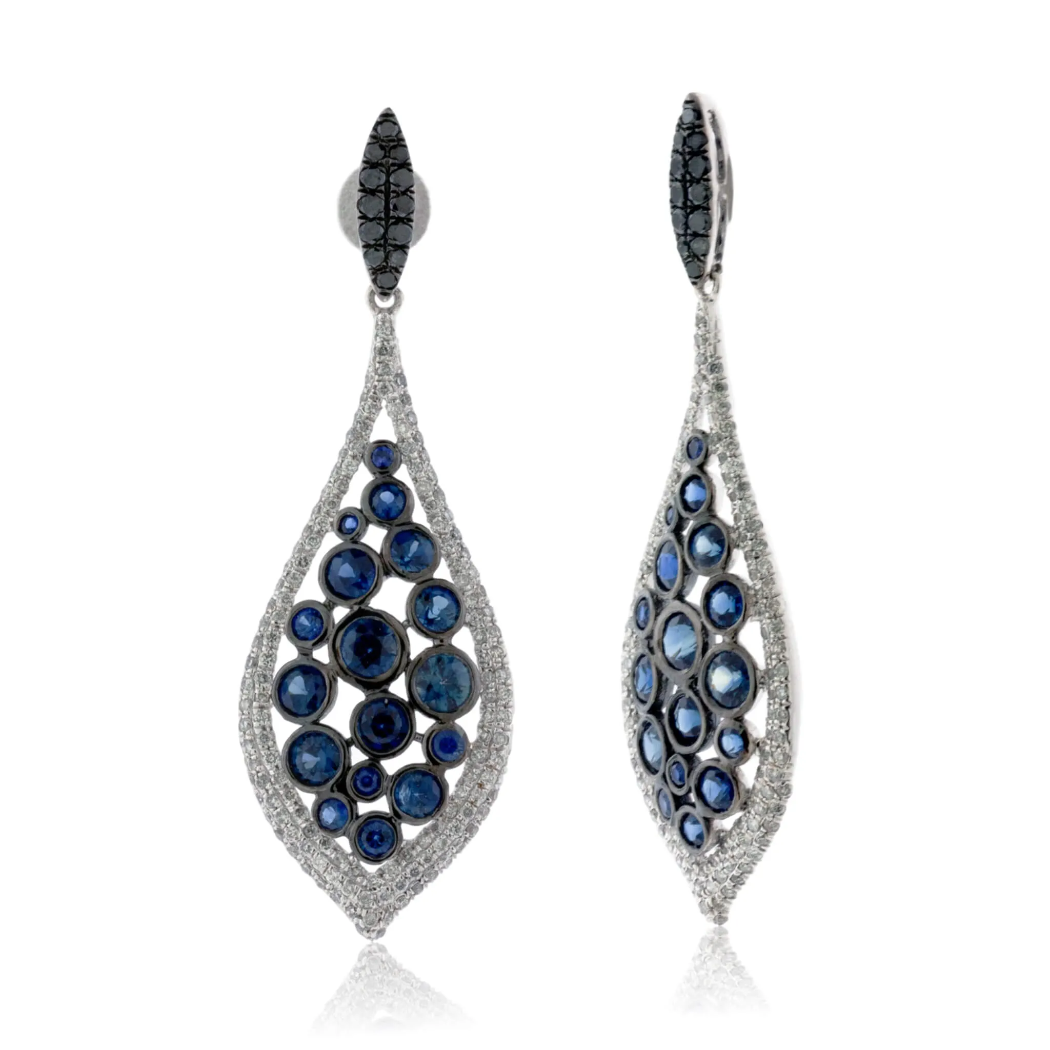 Blue Sapphire, Black Diamond & Diamond Dangle Earrings