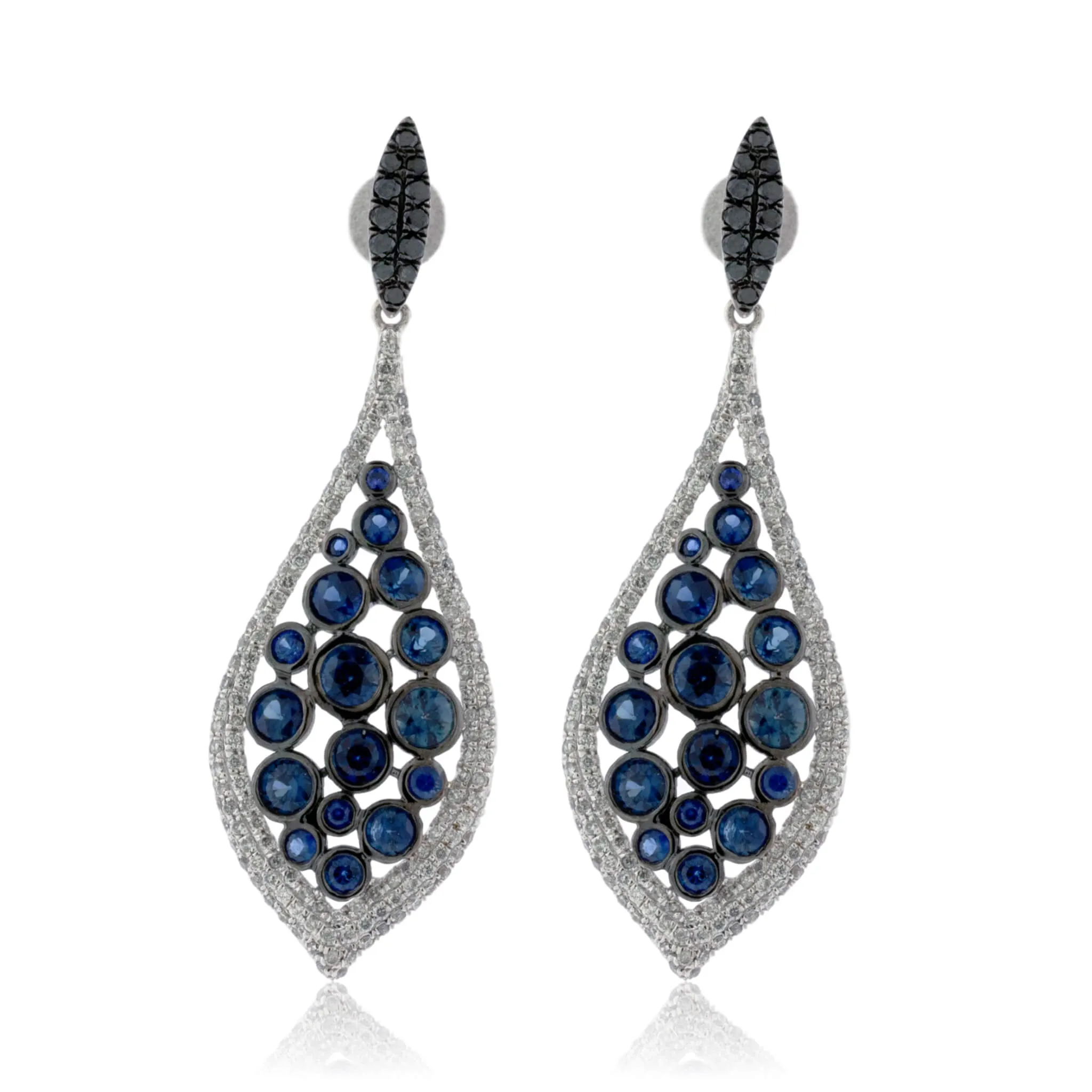 Blue Sapphire, Black Diamond & Diamond Dangle Earrings