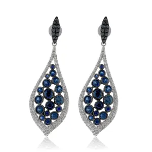 Blue Sapphire, Black Diamond & Diamond Dangle Earrings