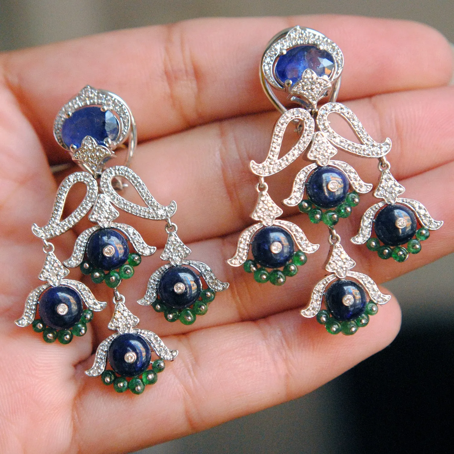 Blue Sapphire, Emerald & Diamond Dangle Earrings
