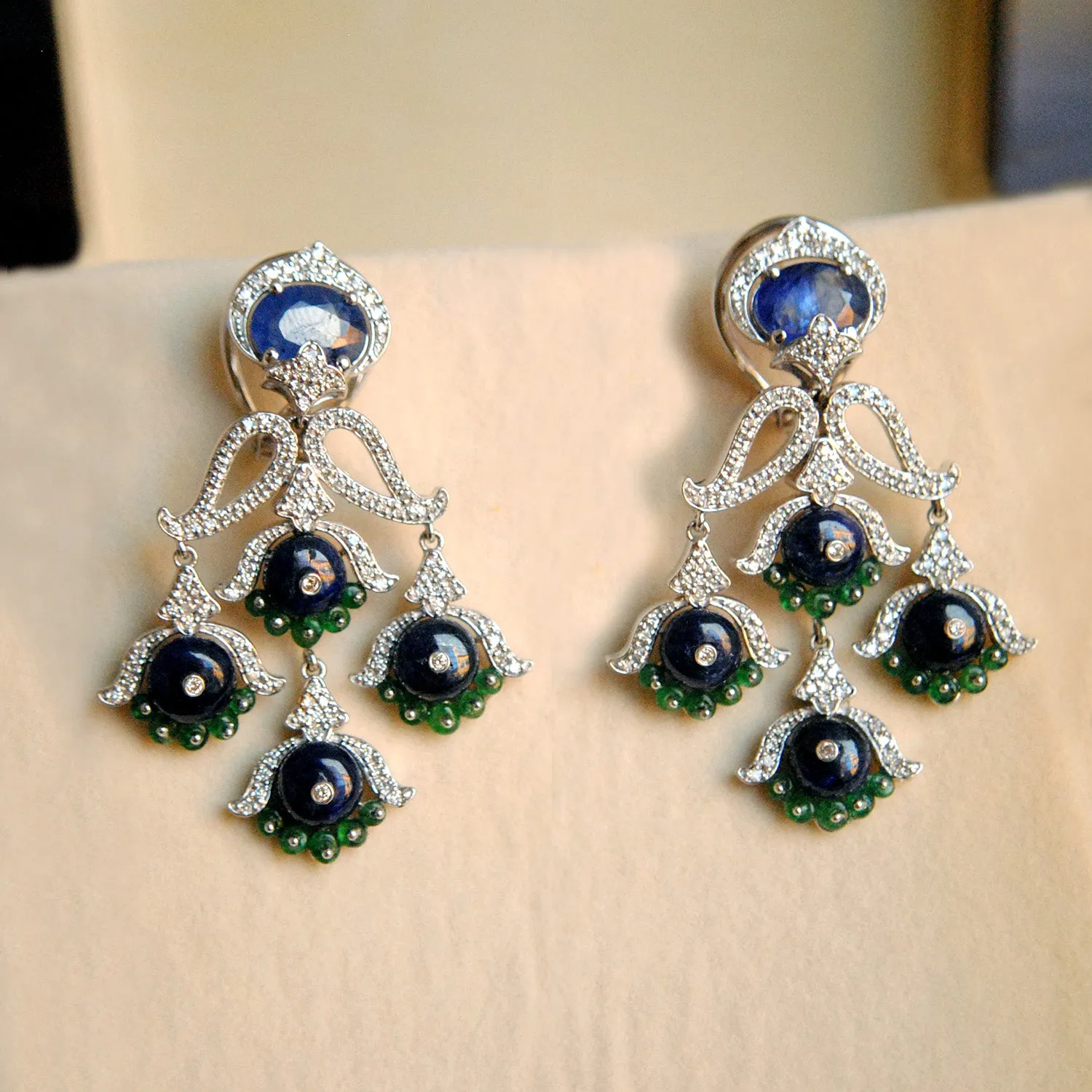 Blue Sapphire, Emerald & Diamond Dangle Earrings