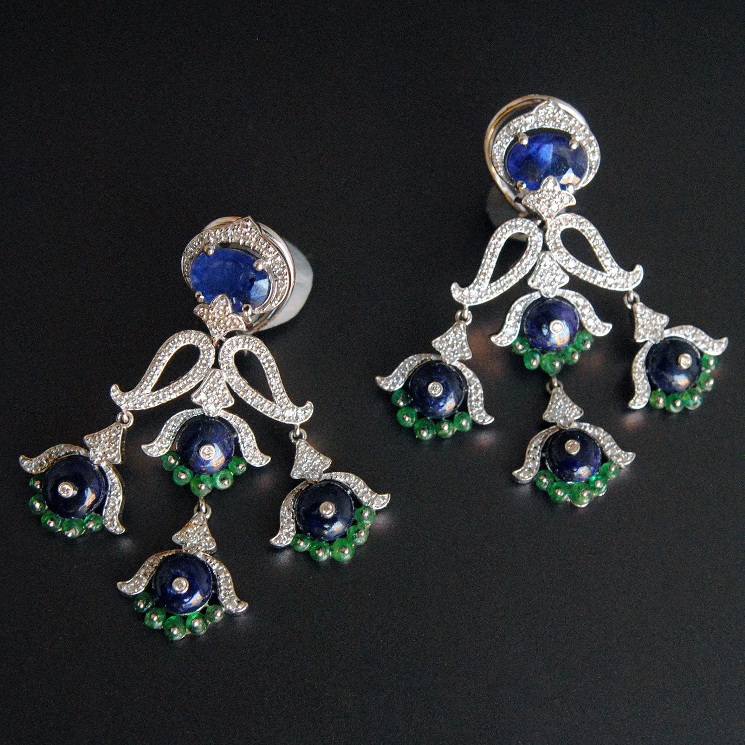 Blue Sapphire, Emerald & Diamond Dangle Earrings