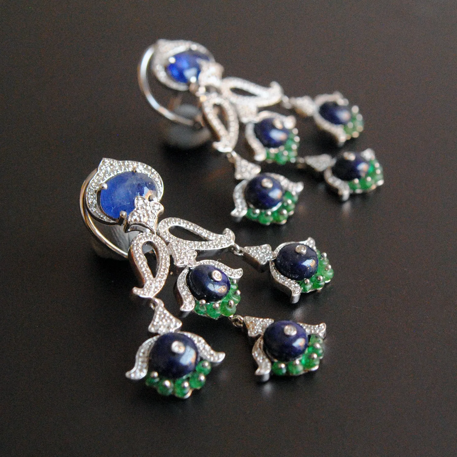 Blue Sapphire, Emerald & Diamond Dangle Earrings