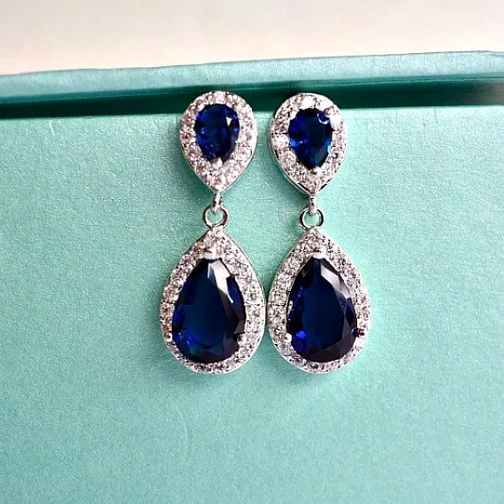 Blue Sapphire Teardrop Bridal Earrings, Navy Blue CZ Wedding Earrings, Something Blue Crystal Bridal Earrings, Blue Bridesmaids Earrings