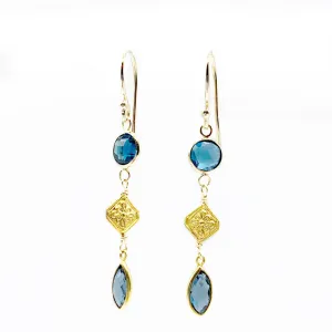 Blue Topaz 14 Karat Yellow Gold Bezel set with 18 Karat Yellow Gold Filigree Earrings