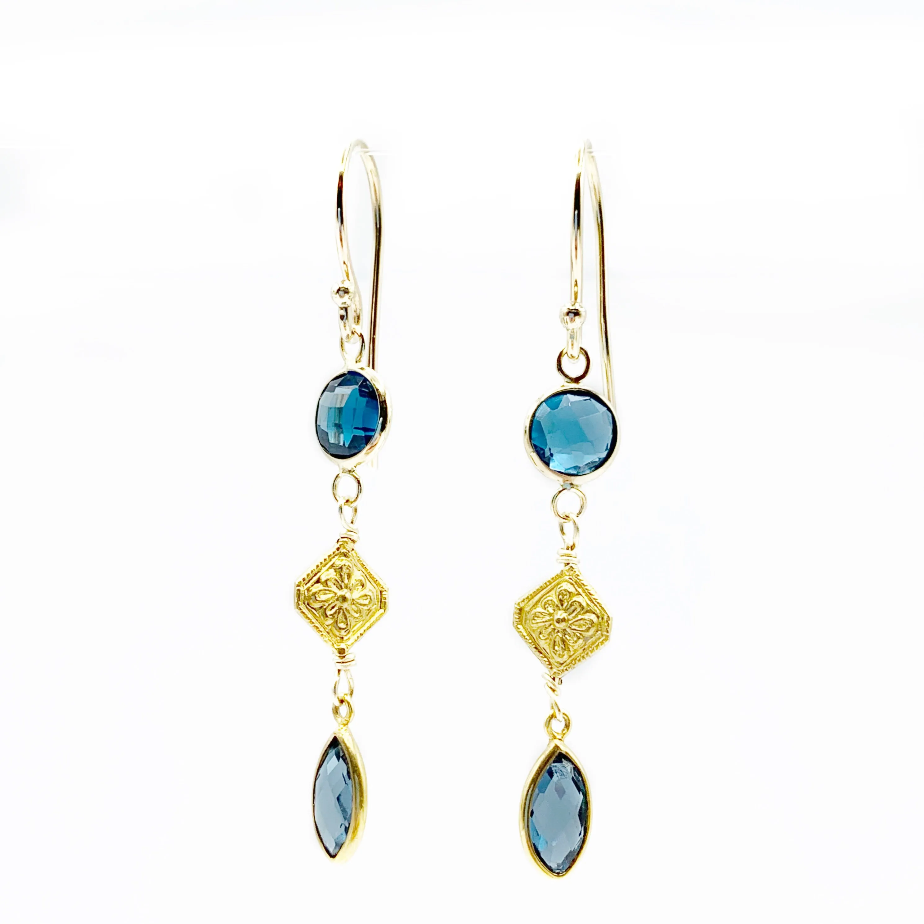 Blue Topaz 14 Karat Yellow Gold Bezel set with 18 Karat Yellow Gold Filigree Earrings