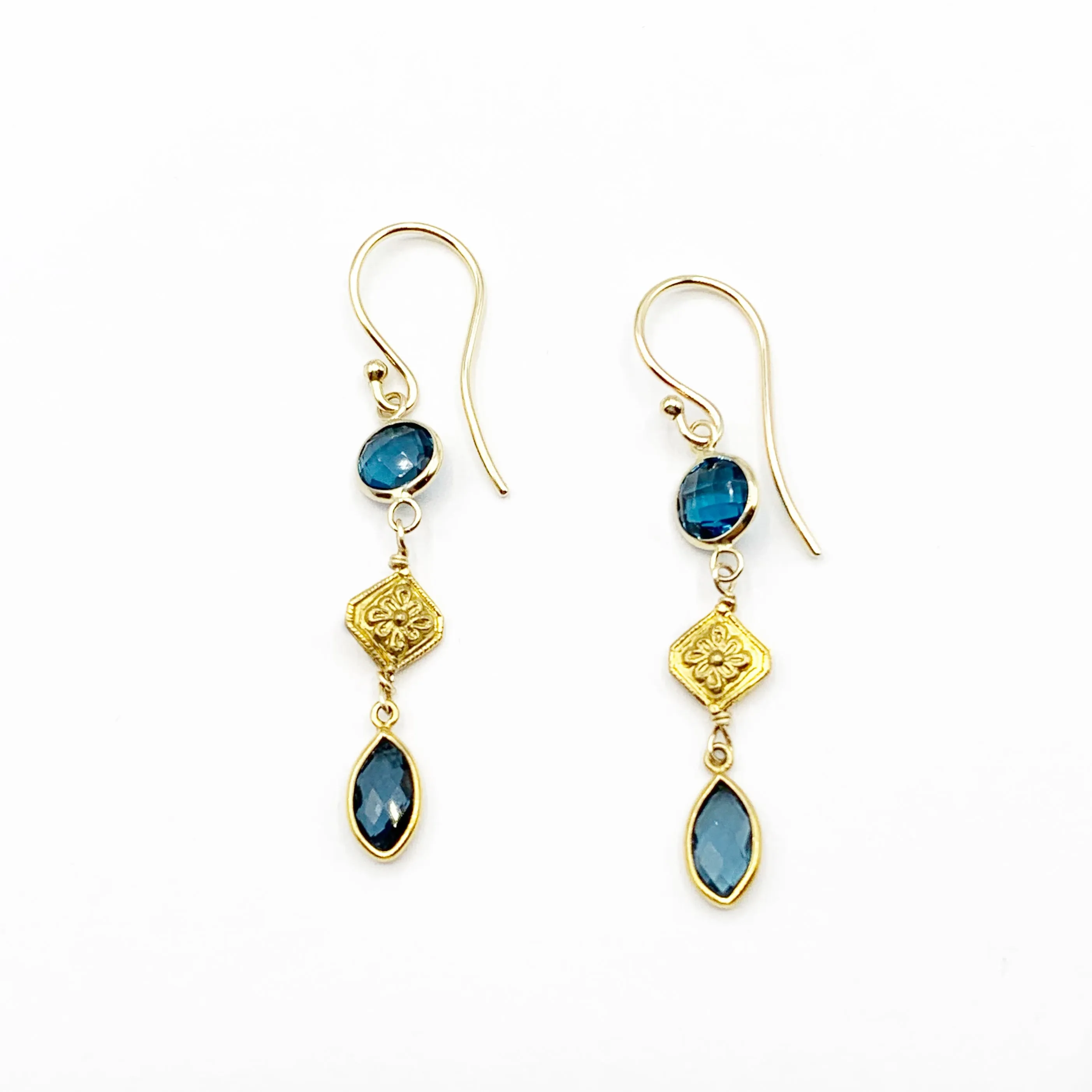 Blue Topaz 14 Karat Yellow Gold Bezel set with 18 Karat Yellow Gold Filigree Earrings