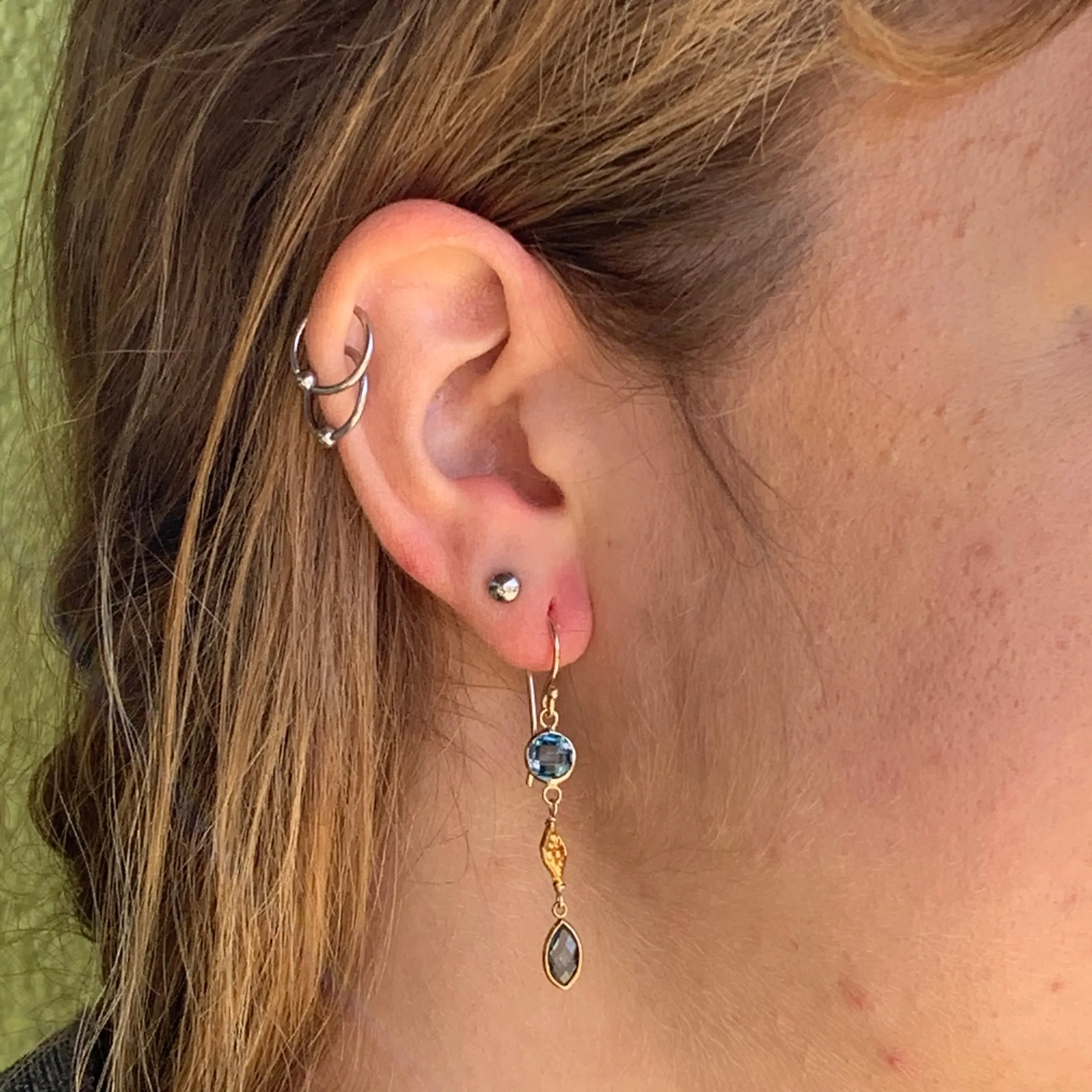 Blue Topaz 14 Karat Yellow Gold Bezel set with 18 Karat Yellow Gold Filigree Earrings