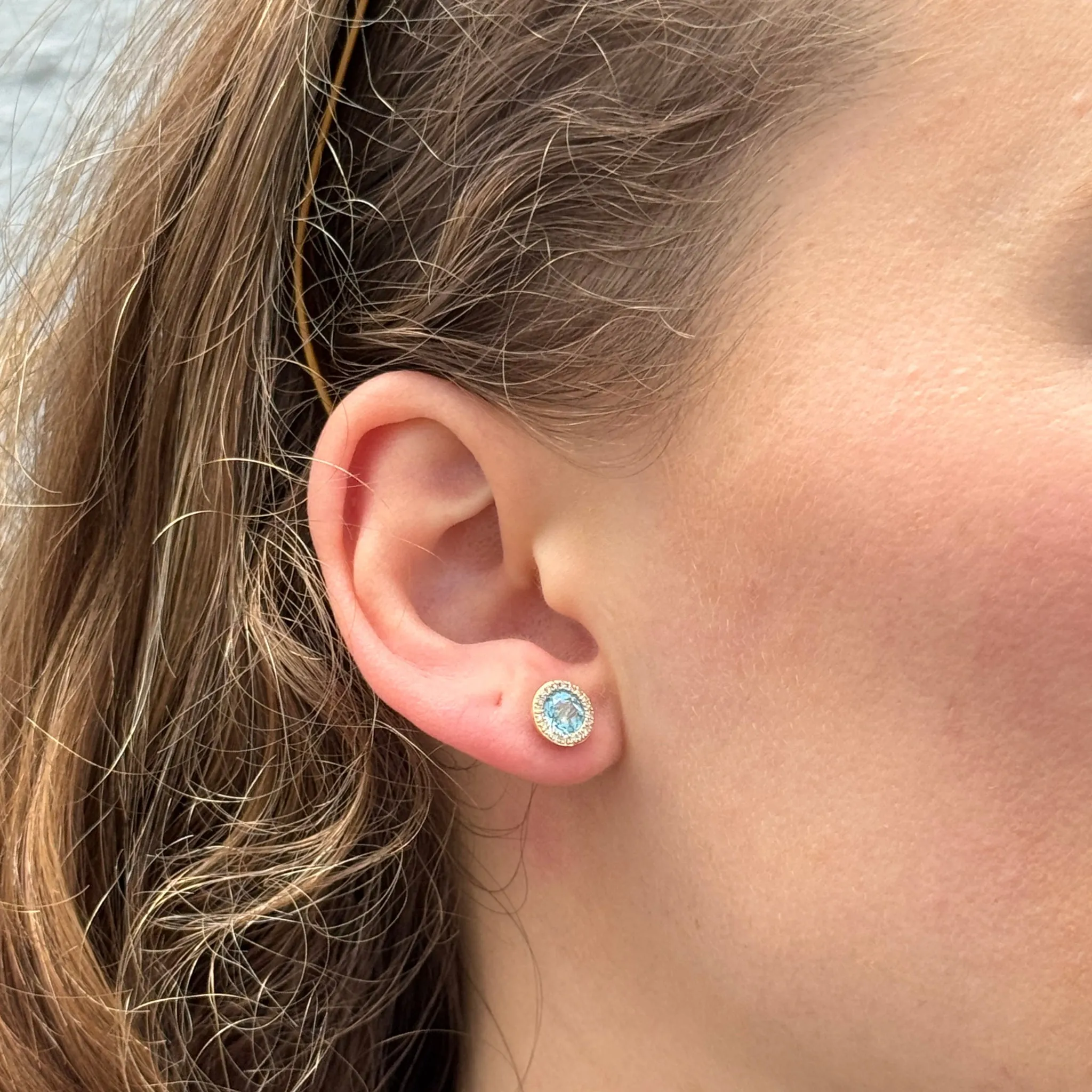 Blue Topaz & Diamond Halo 14K Yellow Gold Martini Stud Earrings