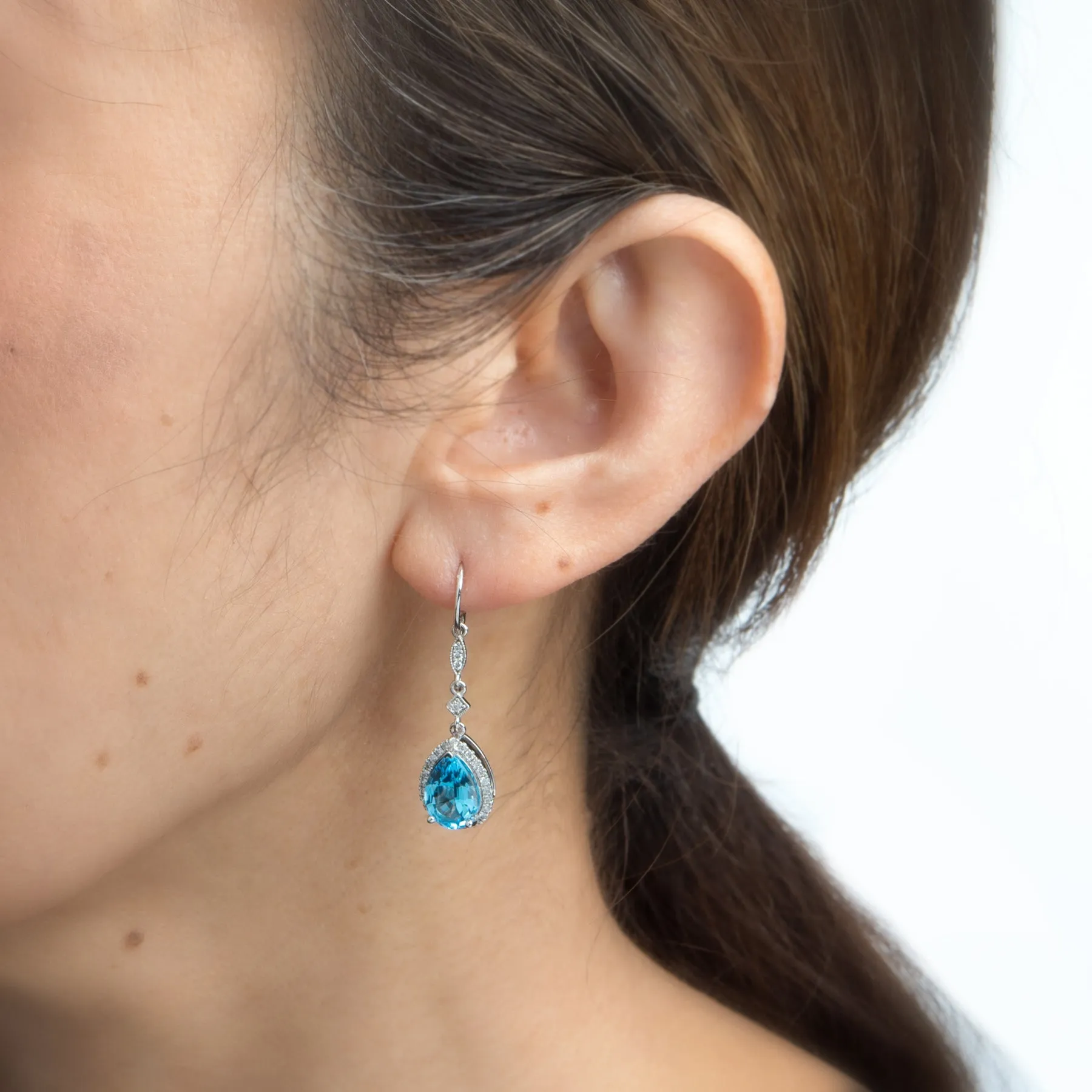 Blue Topaz Diamond Drop Earrings Estate 14k White Gold Pear Cut Fine Jewelry