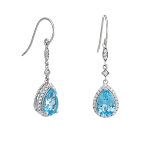 Blue Topaz Diamond Drop Earrings Estate 14k White Gold Pear Cut Fine Jewelry