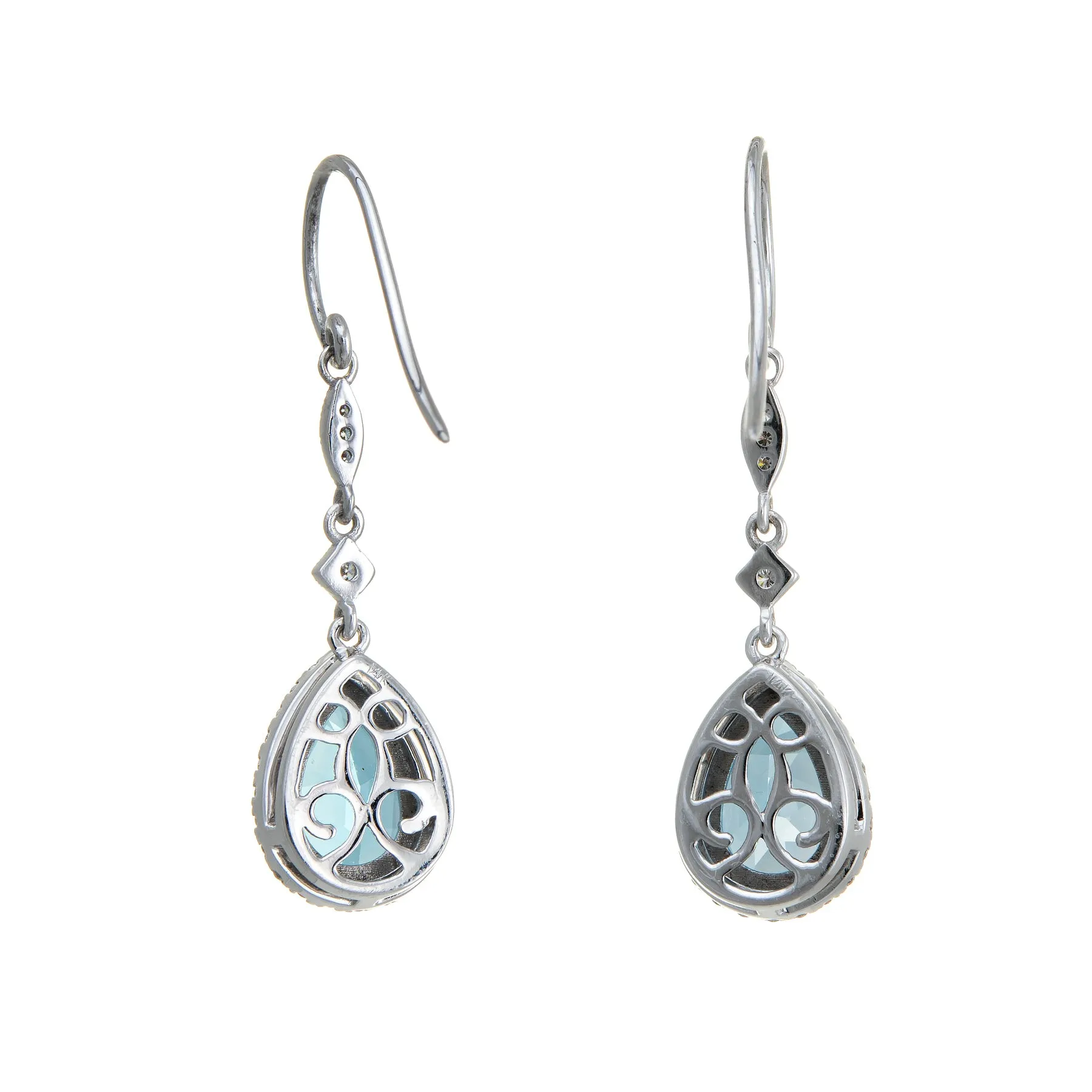 Blue Topaz Diamond Drop Earrings Estate 14k White Gold Pear Cut Fine Jewelry