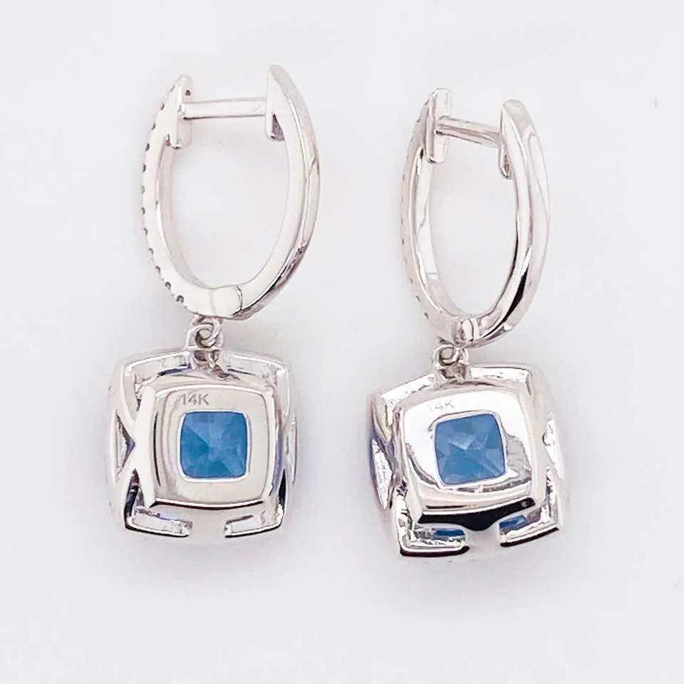 Blue Topaz Diamond Halo Drop Earrings