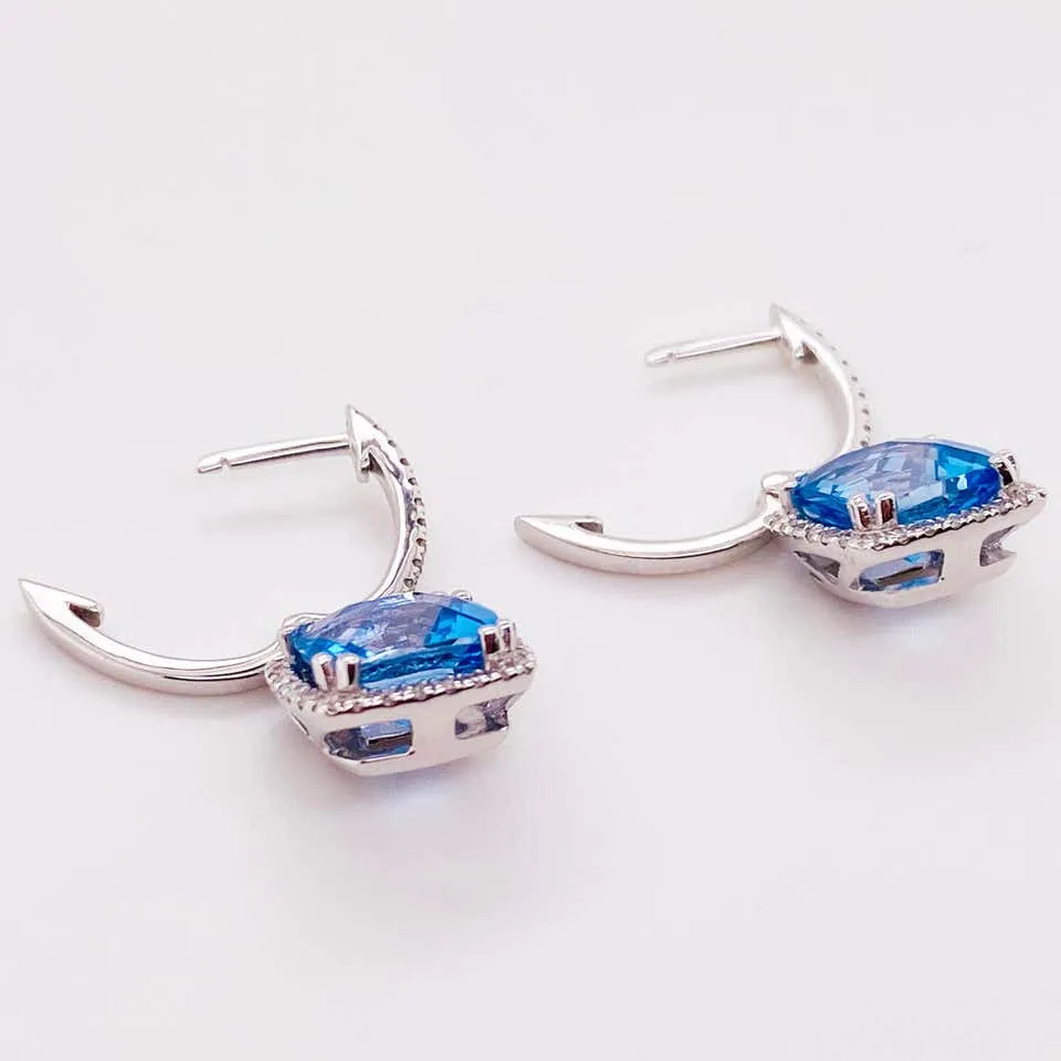 Blue Topaz Diamond Halo Drop Earrings