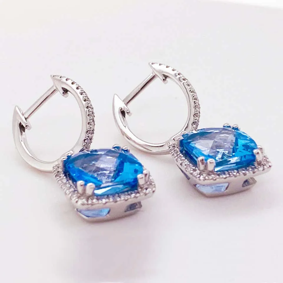 Blue Topaz Diamond Halo Drop Earrings