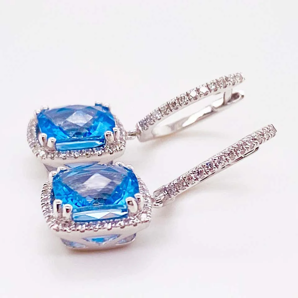Blue Topaz Diamond Halo Drop Earrings