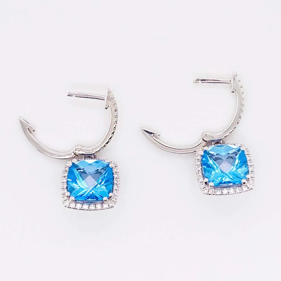 Blue Topaz Diamond Halo Drop Earrings
