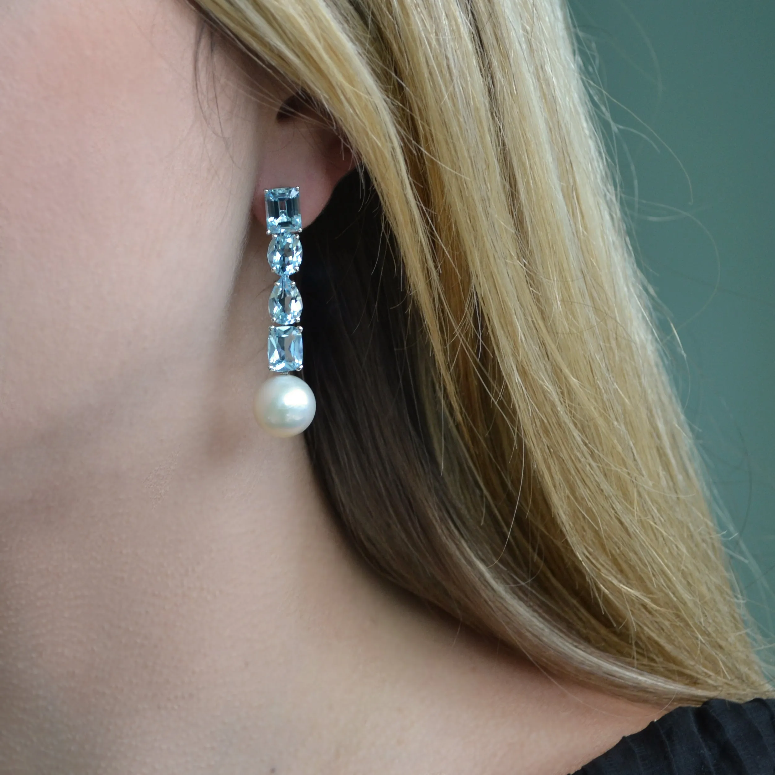 Bonbon - Drop Earrings with Sky Blue Topaz and White Pearls, 18k White Gold