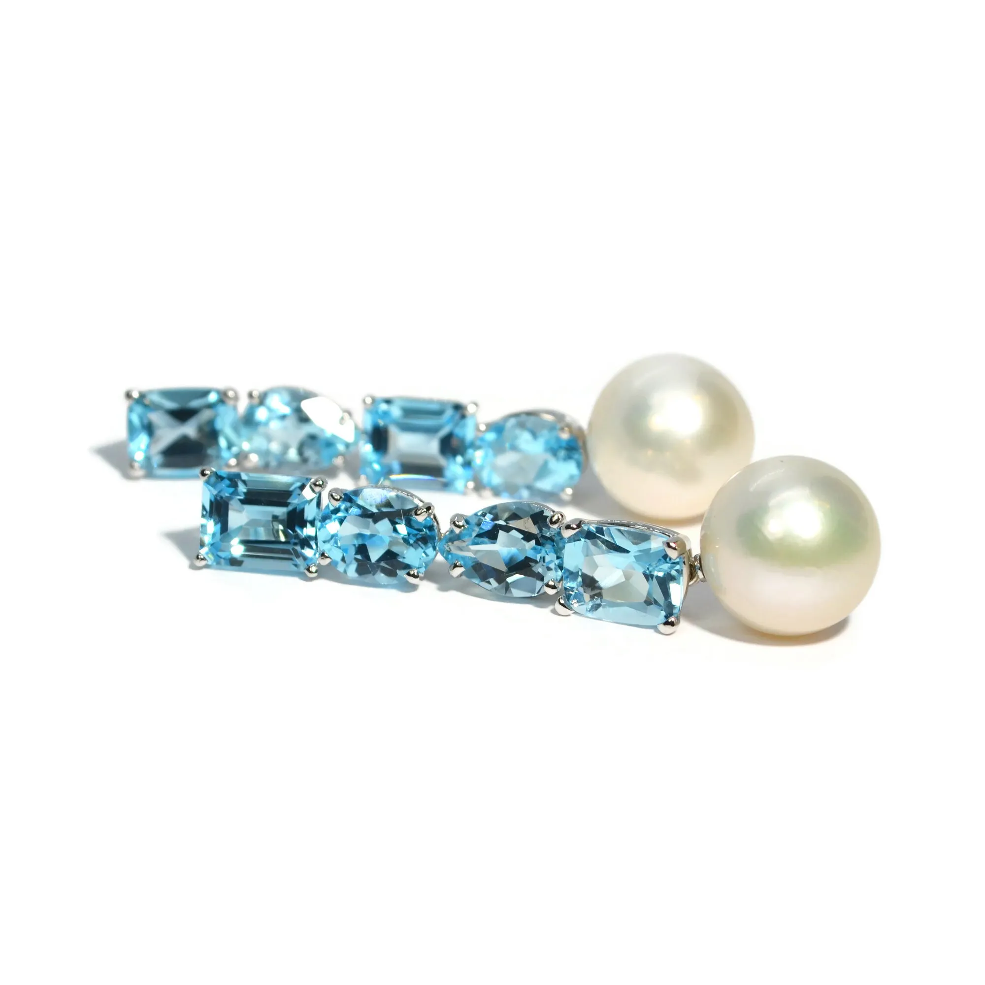 Bonbon - Drop Earrings with Sky Blue Topaz and White Pearls, 18k White Gold