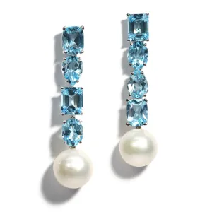Bonbon - Drop Earrings with Sky Blue Topaz and White Pearls, 18k White Gold
