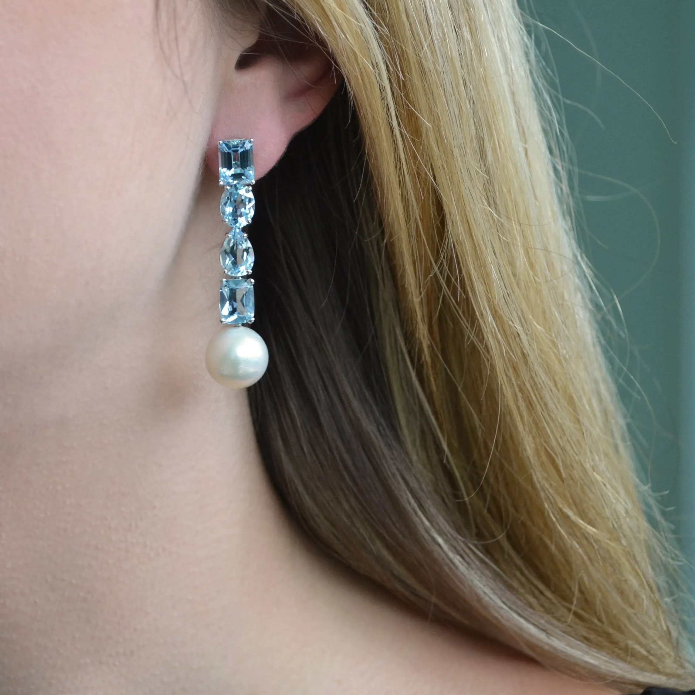 Bonbon - Drop Earrings with Sky Blue Topaz and White Pearls, 18k White Gold