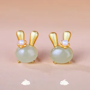 Buddha Stones 925 Sterling Silver Natural Hetian Jade Cute Rabbit Pearl Abundance Earrings