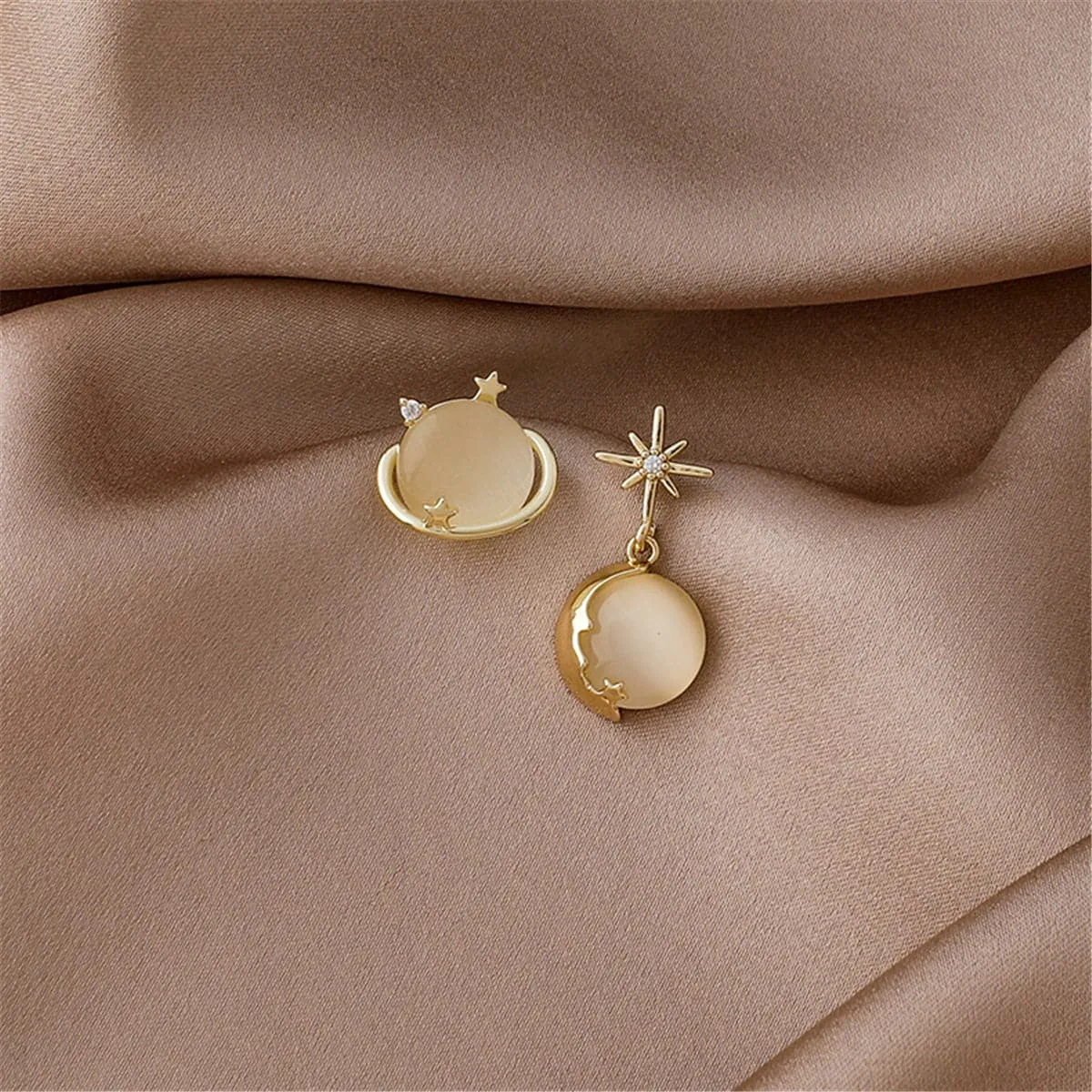 Cat-Eye & 18K Gold-Plated Planet Stud Earring & Moon Drop Earring