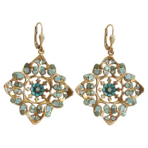 Catherine Popesco 14k Gold Plated Enamel Flower Square Filigree Crystal Earrings, 9623G Pacific Blue