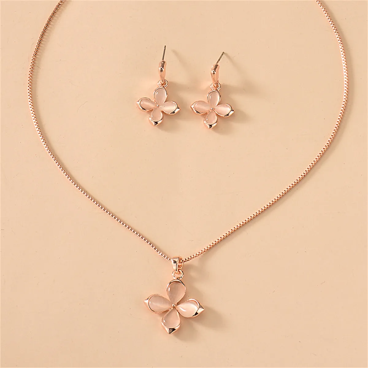 Cats Eye & 18K Rose Gold-Plated Flower Drop Earrings & Pendant Necklace